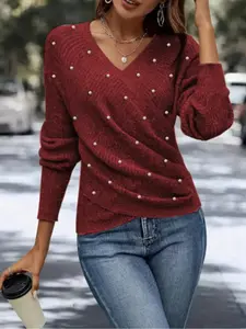 Women's Spring Autumn Casual Fashion Elegant Feminine Pearl Cross V-Neck Ruched Slim Fit Knit Pullover Long Sleeve Top Knitwear