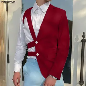 INCERUN Men's All-Season Deconstructed Asymmetrical Vest-Blazer, Formal Classic Traditional Long Sleeve Menswear with High Street Tailored Patchwork, Crisscross Detailing, Structured Fit for Party & Avant-Garde Weddings,summervibes