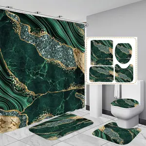 4 count Marble Shower Curtain Sets, Modern Bathroom Sets With Toilet Lid Rug, Contour and Bath Mat, Luxury Bathroom Decor with 12 Hooks, 72 x 72 Inch, Green