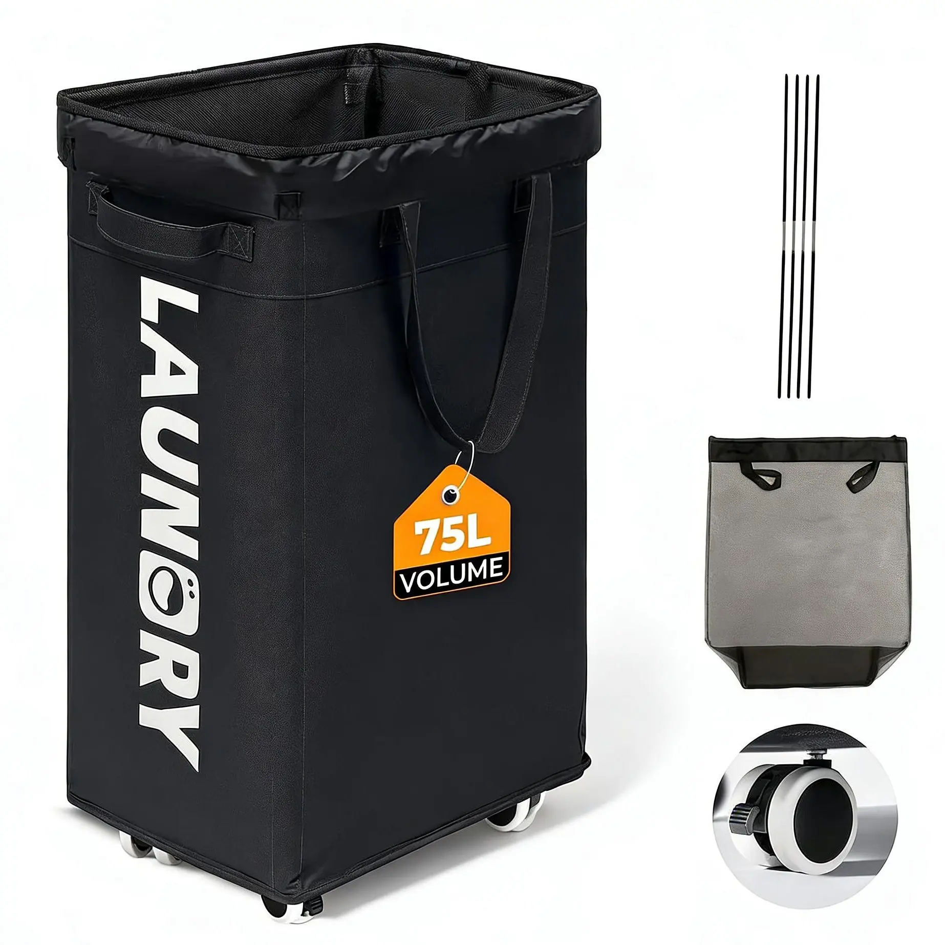 75L Portable Rolling Laundry Basket with Wheels - 600D Oxford Fabric, Smooth Metal Rolling Base, Lockable Wheels, Foldable Single Compartment, Removable Washable Mesh Bag, Black Family Hamper for Bedroom, Laundry Room