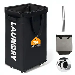 75L Rolling Laundry Basket with Wheels Large Black Family Clothes Hamper 600D Oxford Fabric Lockable Wheels Removable Washable Mesh Bag for Bedroom Laundry Room