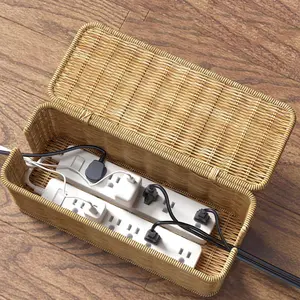 Desktop Cable Management Box Handwoven Wicker Rope Hidden with Cover, Power Line Socket Plug Strip Box Data Line Concealer, Office Desk Accessories, Cord Organizer