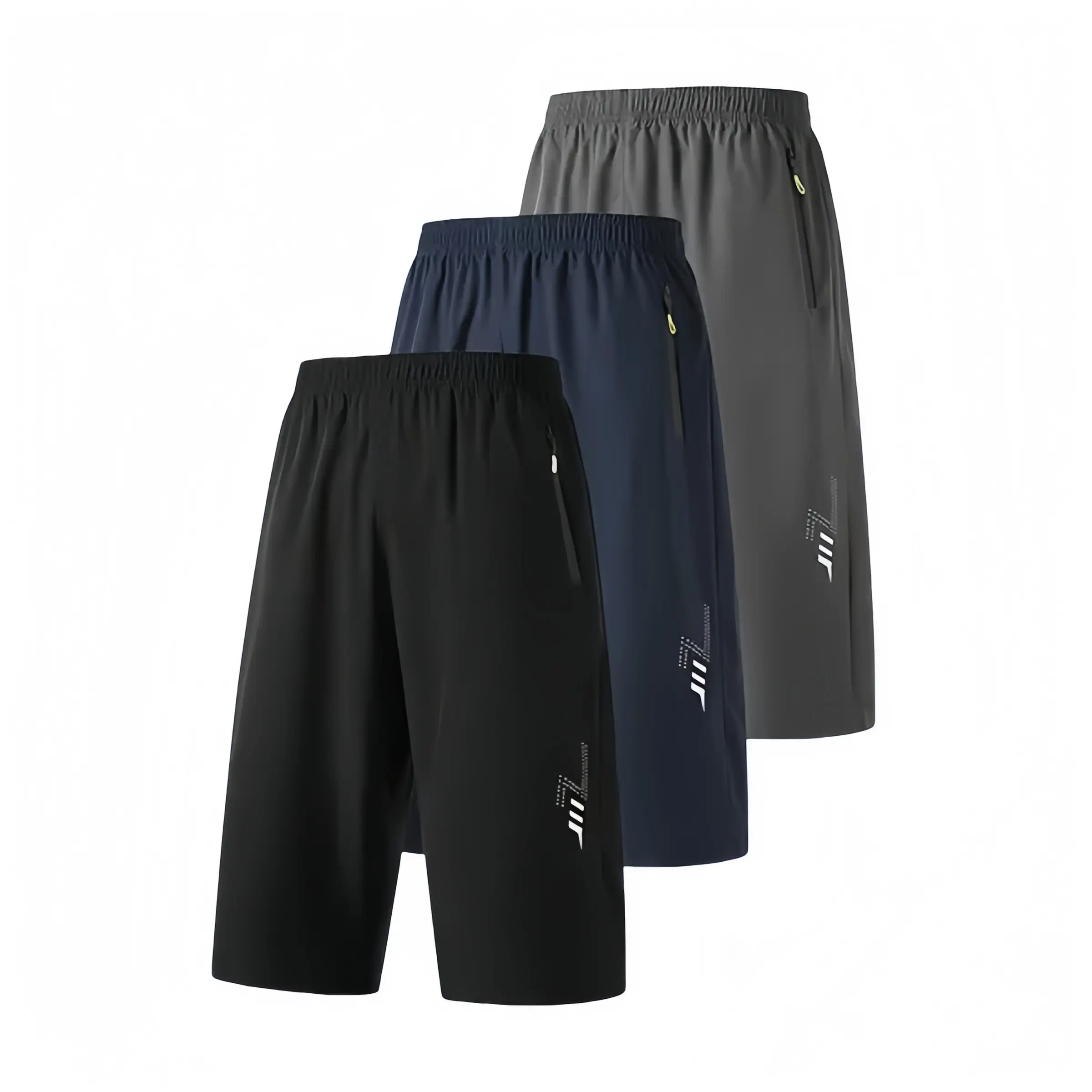 Men’s three-piece quick-dry summer outdoor running outfit featuring 7‑inch inseam shorts, zippered pockets, and a printed design—comfortable and practical shorts suitable for basketball, badminton, and golf. Breathable Solid Color Zipper, Running Workout,