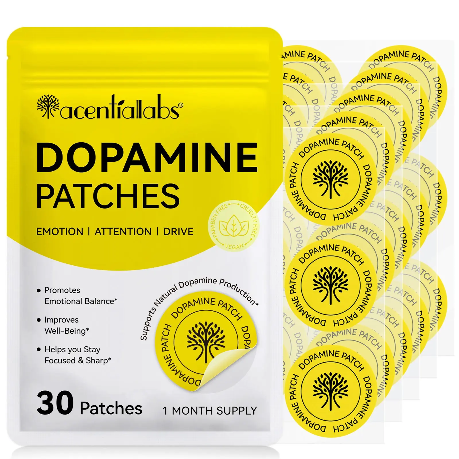 Acentiallabs Dopamine Patches 30pcs/bag, Plant-Based Formula, Skin Care Patches, Natural Ingredients, Moisturizing & Nourishing, Skin Nourishment, Gentle, Hydrating, Hydrate, Moisturize, Moisture