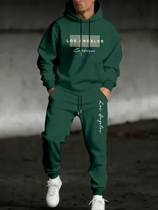 Men's Casual Hoodie Set, Letter Print Drawstring Sweatshirt + Jogger Pants, Fall & Winter Thick Knit Fabric, Fitted Style, 2 Piece Pack, Long Sleeves