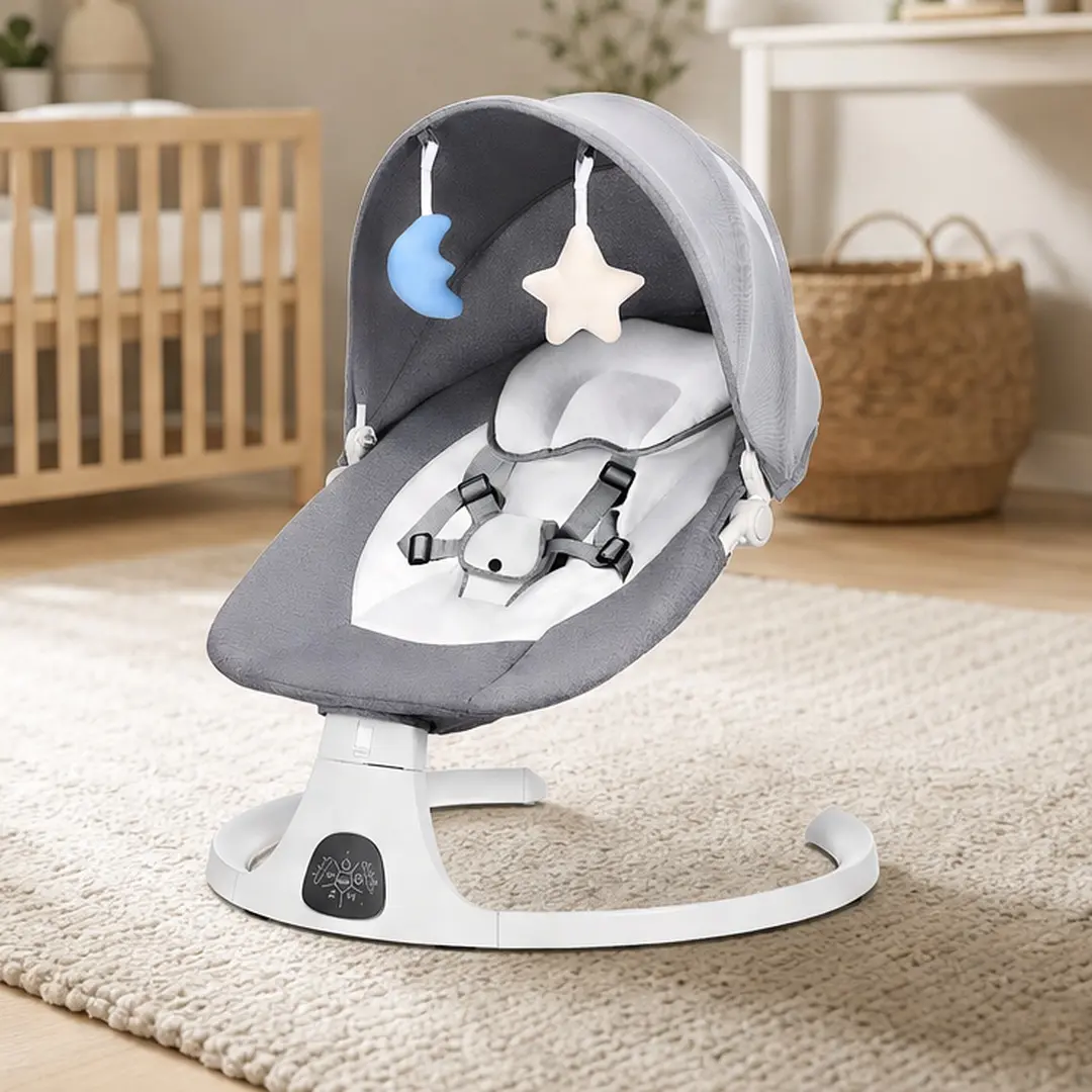Unisex Newborn Swing for Bedrooms - Portable Rocker Bouncer, Gray Fabric-Plastic Modern Children's Nursery Furniture, 5 Speeds, Remote Control, Preset Melodies (Swing with Music), Timer, Bluetooth, Harness, USB Port, 0-12 Months, Max 20 lbs