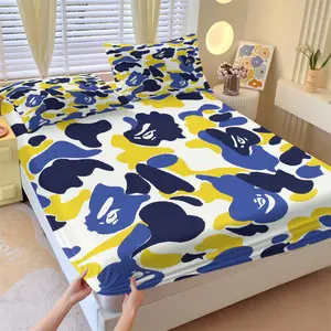 Blue Yellow Camo Print, Camo Pattern Design Fitted Sheet Set, 1 Fitted Sheet + 2 Pillowcases - 3 Piece Soft Breathable Deep Pocket Bedding, APE Streetwear Hypebeast Style, Gift for Camouflage Lovers & Streetwear Hypebeast Fans