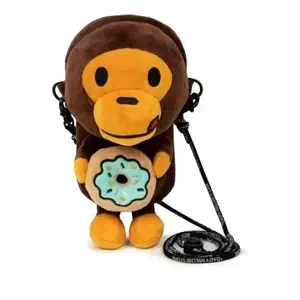 Kawaii Soft Brown Stuffed Monkey Plush Shoulder Bag - Star, Heart, Donut, Shark Designs - Mini Crossbody Purse for Casual Daily Phone Carry