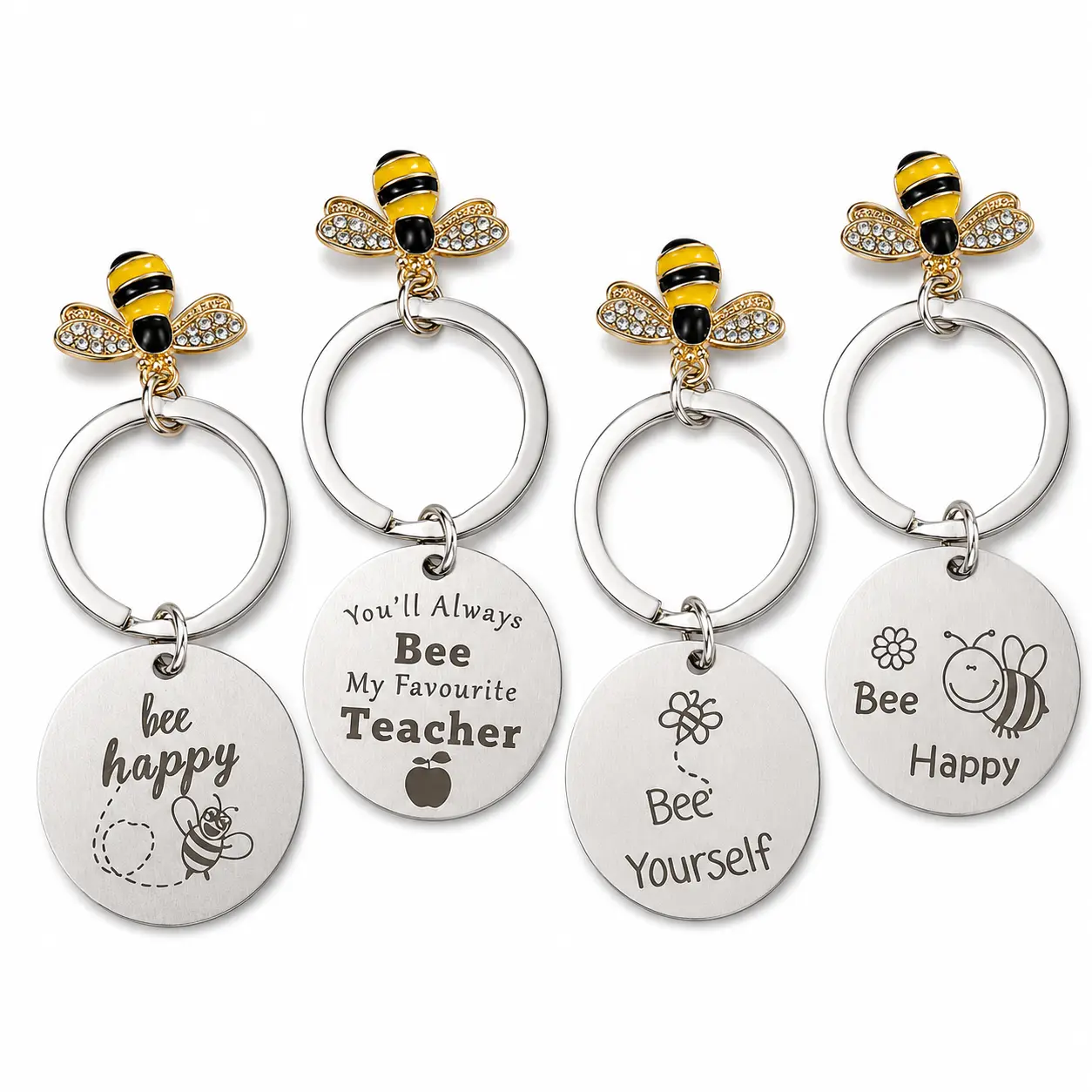 4PCS Bee Keychain Gift Set, Inspirational Engraved Metal Keychains with Sparkling Bee Charms, Cute Teacher Appreciation, Friend, Coworker and Thank You Gifts for Women