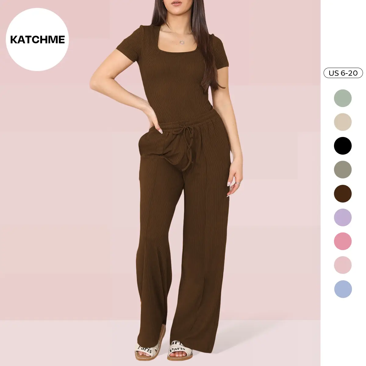 Plain Women's Trendy Square Neck Bodysuit & High Waist Side Pocket Drawstring Trousers Co-ord,Basic Short Sleeve Slim-Fitting Set,Casual Womenswear