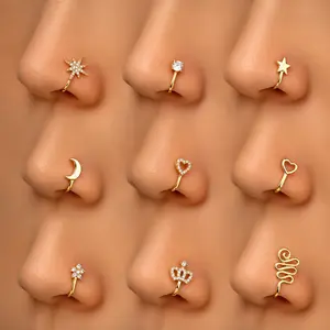 9pcs Nose Ring Jewelry Shape Nose Ring  Copper Non Piercing Nose Rings, U Shape Star Love Crown Nose Clip with Zirconia Wearable Nose Ring tiktok shop spring glow up Chic Distinctive