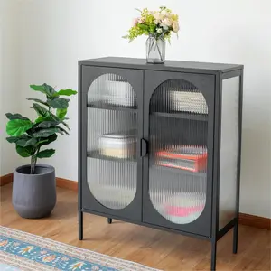 Direct Wicker DW-DC06-BK-GD Chic Metal & Ribbed Glass Storage Cabinet with Arched Doors