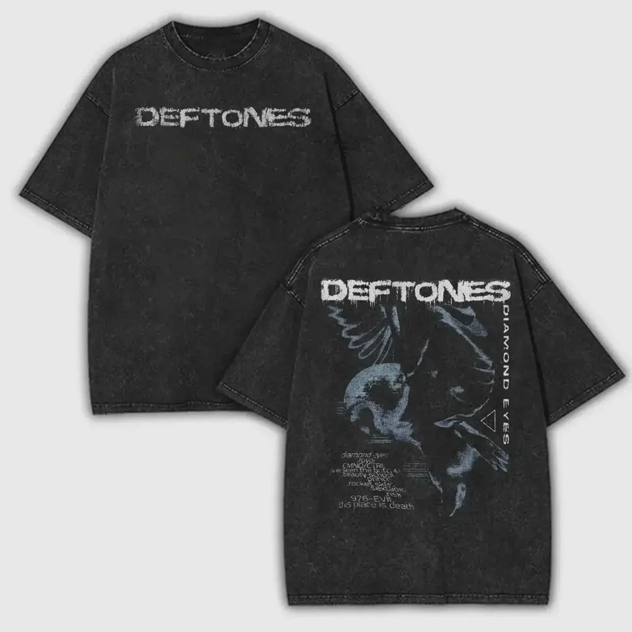 Men's Short-Sleeve Crewneck Deftones Diamond Eyes Vintage Washed Cotton T-Shirt, Rock Band Graphic Oversized Acid Wash Streetwear Top, Front-Back Print Alternative Metal Concert Tee, Grunge Fan Gift Tropical Unisex CNB Menswear Top Tropical