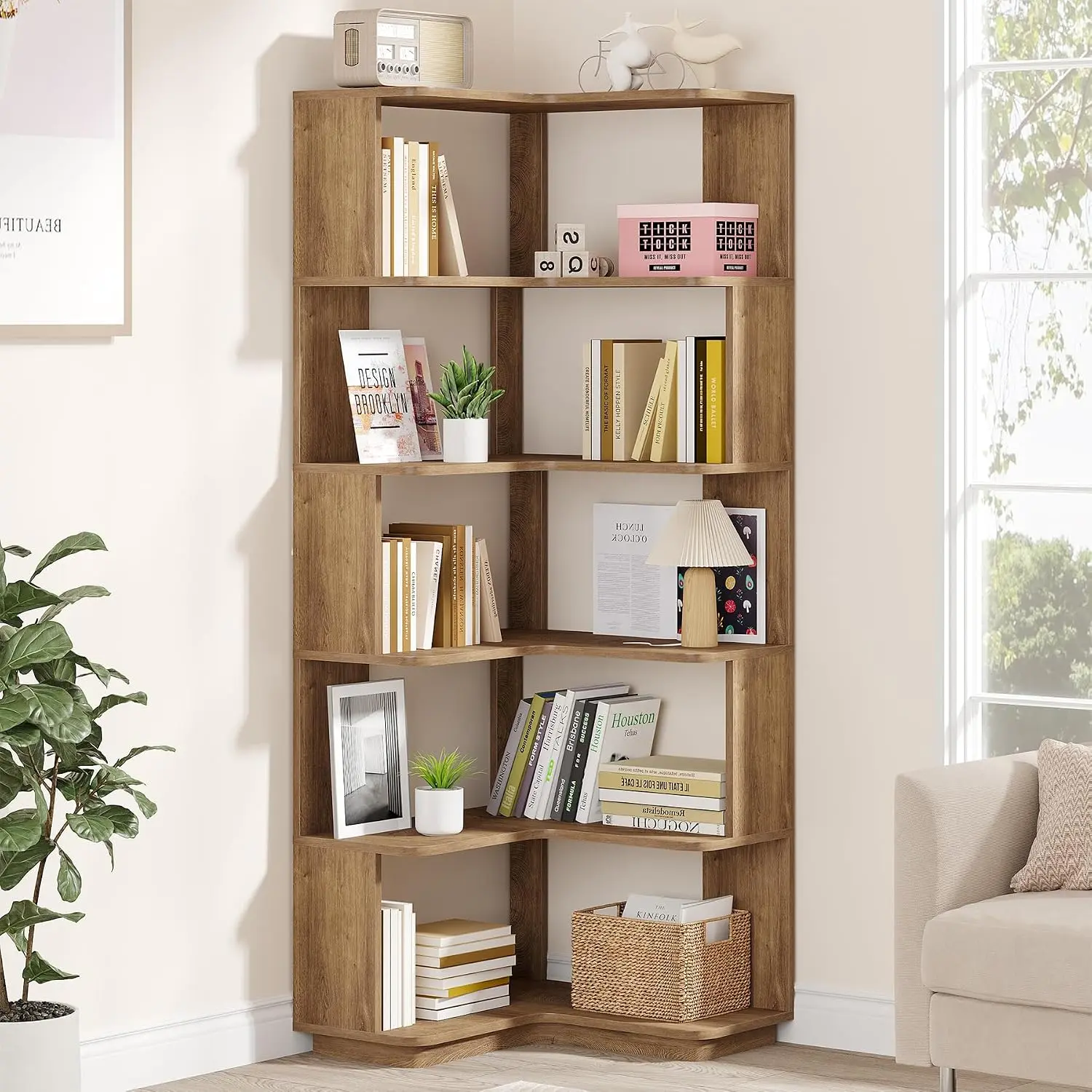Tribesigns 6 Tier Corner Bookshelf, 64.9 Inches Tall L Shaped Bookcase | Freestanding Corner Book Shelf with Anti-Drop Panel, Wood Grain Shelf Display Rack Storage Organizer for Home Office