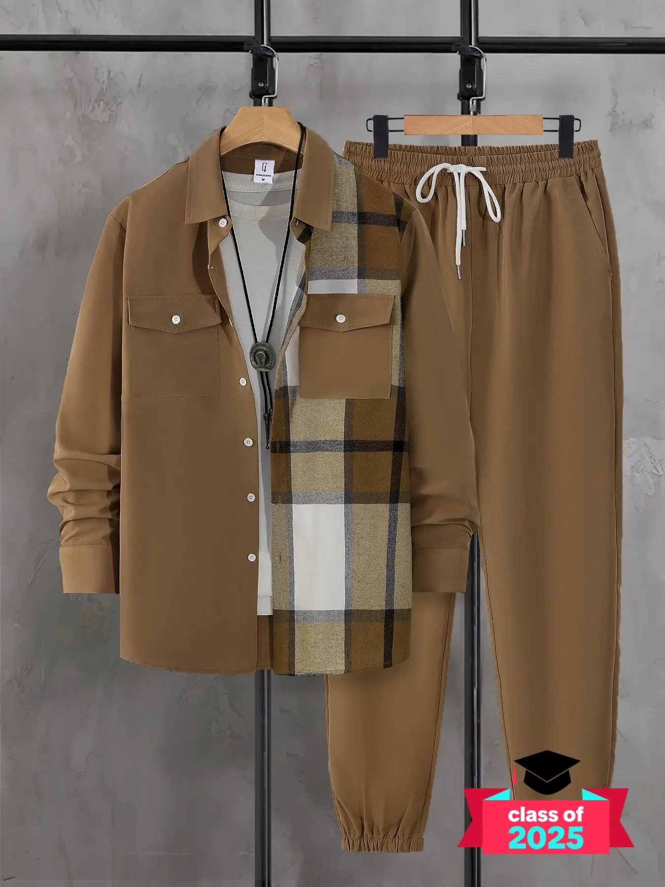 【Plus Size】 Men's Plaid Print Button Front Shirt & Drawstring Waist Pants Set, Regular Fit Casual Checked Long Sleeve Collared Top & Pocket Trousers,