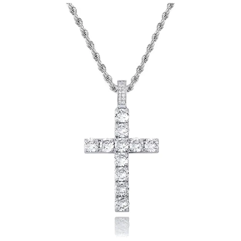 Iced Out Religious Cross Pendant, Silver-Plated Spiritual Jewelry on a 20-Inch Cord - Classic Men's Accessories Gift, Necklace And Chain, Cross Necklace, Halloween Parties, Personalized Jewelry, Casual Wear, 20 In, Cubic Zirconias, Bling Necklace, Crucifi