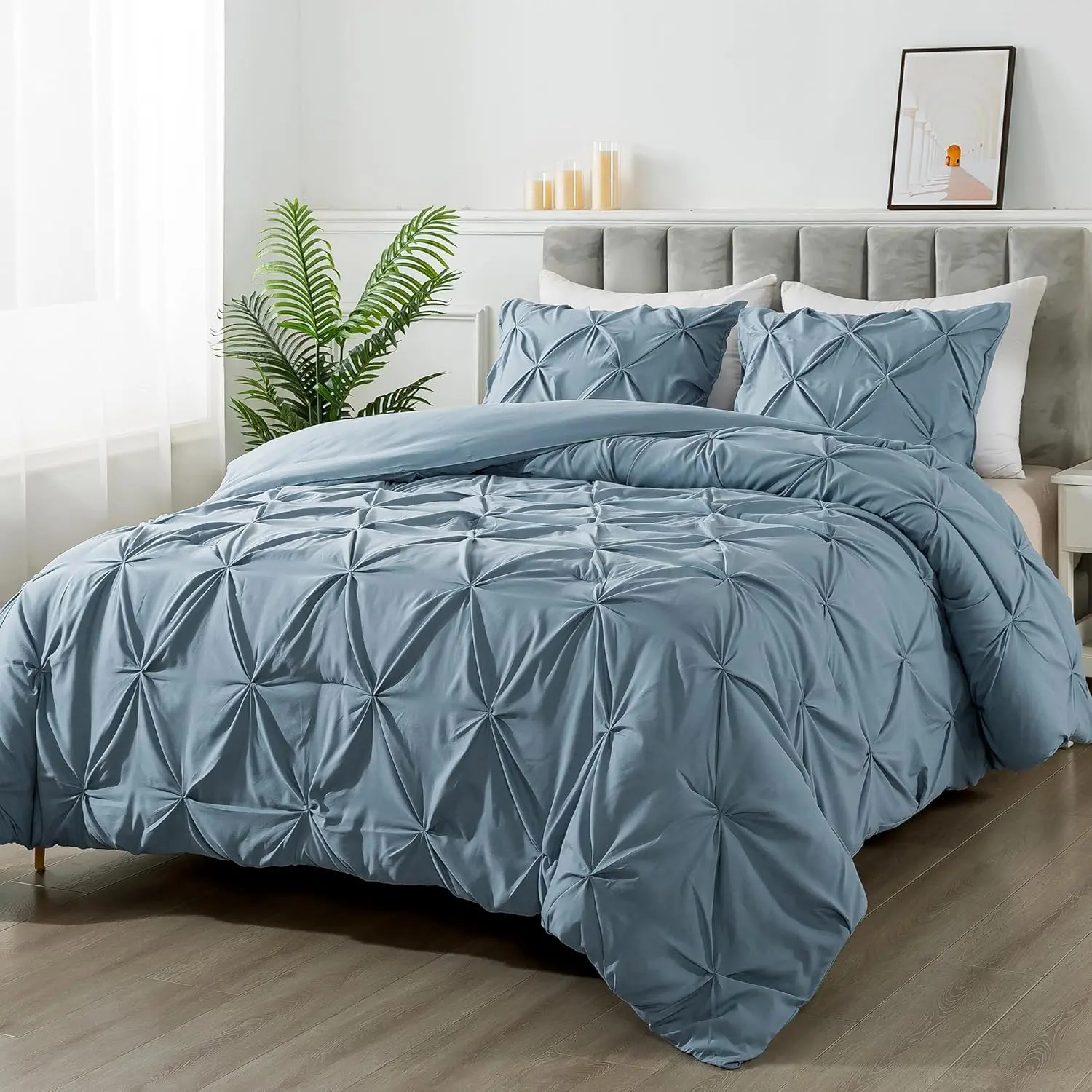 Grayish Blue California King Pinch Pleat Comforter Sets(104x96Inch), 3 Cal King Pintuck Comforter, Oversized Boho Comforter, Lightweight Microfiber Sets