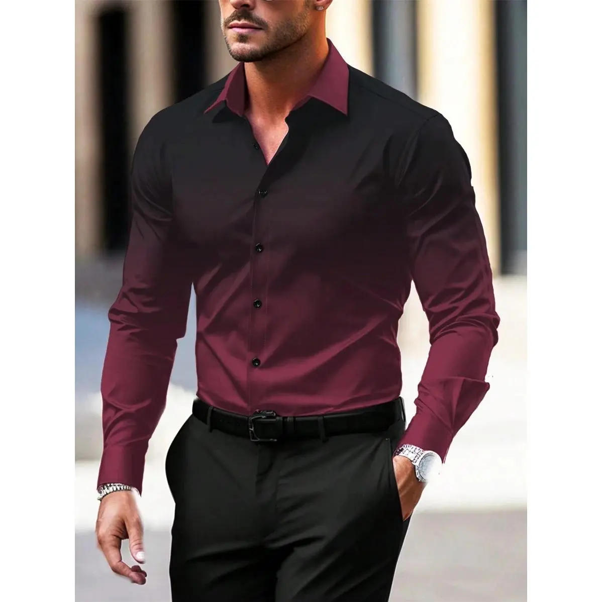 Manfinity Homme Men's Ombre Gradient Long Sleeve Dress Shirt, Business/Social Gathering, Spring/Autumn, For Fall