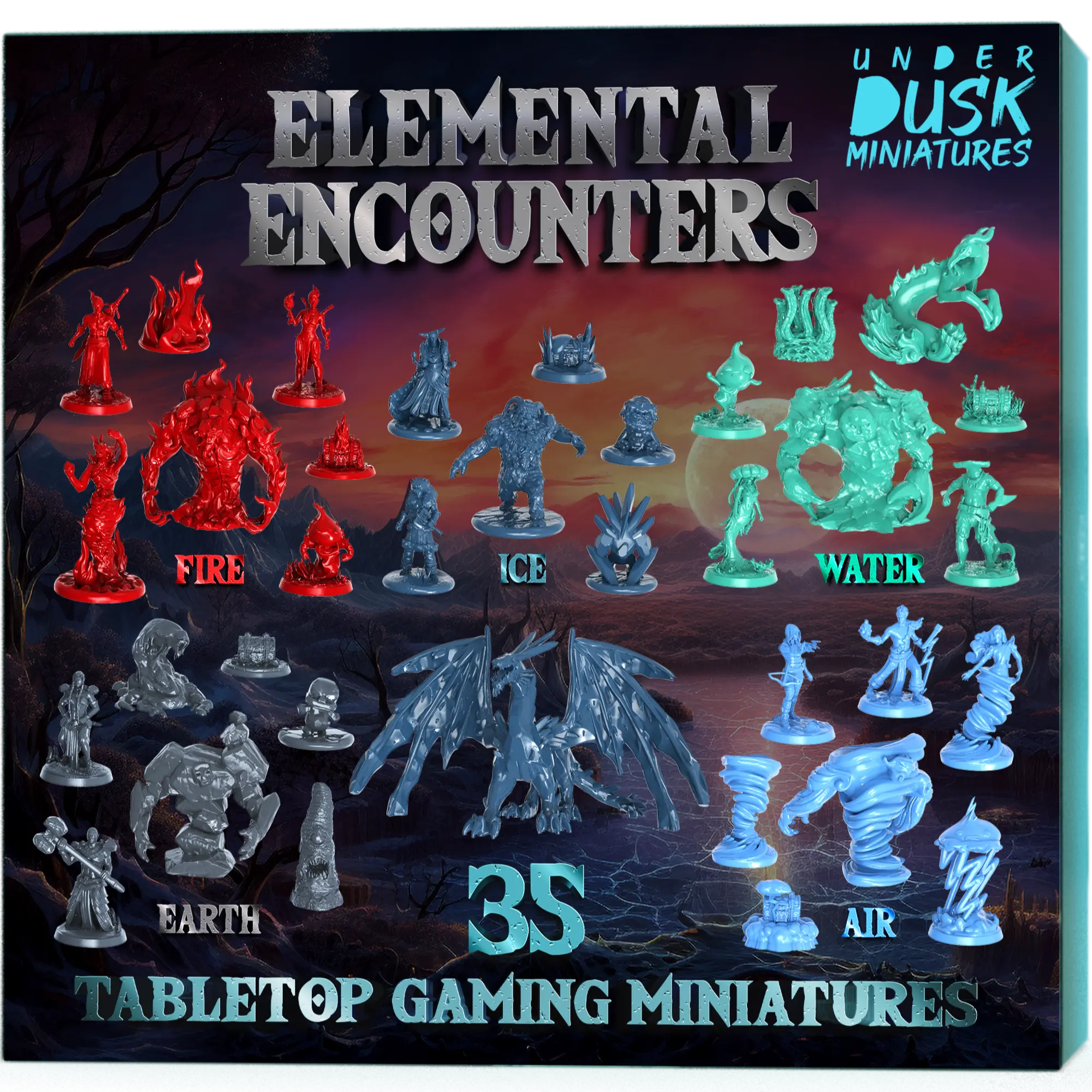 Underdusk Elemental Encounters - 35 DnD Minis across 5 Elemental Groups I Stats Included