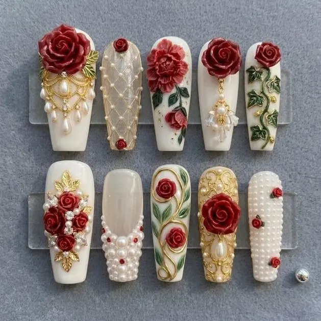 Floral Press On Nails 3D Red Rose Luxury Pearl Gold Chain Bridal Elegant Flower