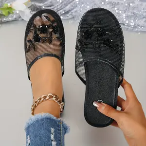 Women'S Black Mesh Slide Sandals with Spider Web Design - Lightweight Summer  Almond Toe, Flat Heel, EVA Sole, Synthetic Cover Upper & Insole, Hand Wash/Dry Clean, Casual Footwear | Spiderweb Pattern | EVA Sole Sandals