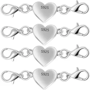 925 Silver Heart-Shaped Magnetic Necklace Clasps and Closures, Magnetic Clasp Converter for Jewelry Making Supplies,Chain Extender Connector for Necklace Bracelet (4pcs Silvery)
