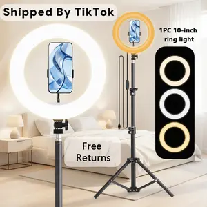 10-Inch/26cm Selfie Video Light with 43.3-Inch Extendable Tripod Stand & Phone Holder for Video Recording Makeup TikTok Photography Adjustable LED Circle Lighting Setup#valentines day#Mother's Day Gift