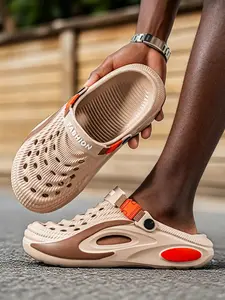 Men's High-Resilience Hole Shoes, Hollow Out Breathable Non-Slip Thick Sole, Suitable for Beach Vacation & Outdoor Wading