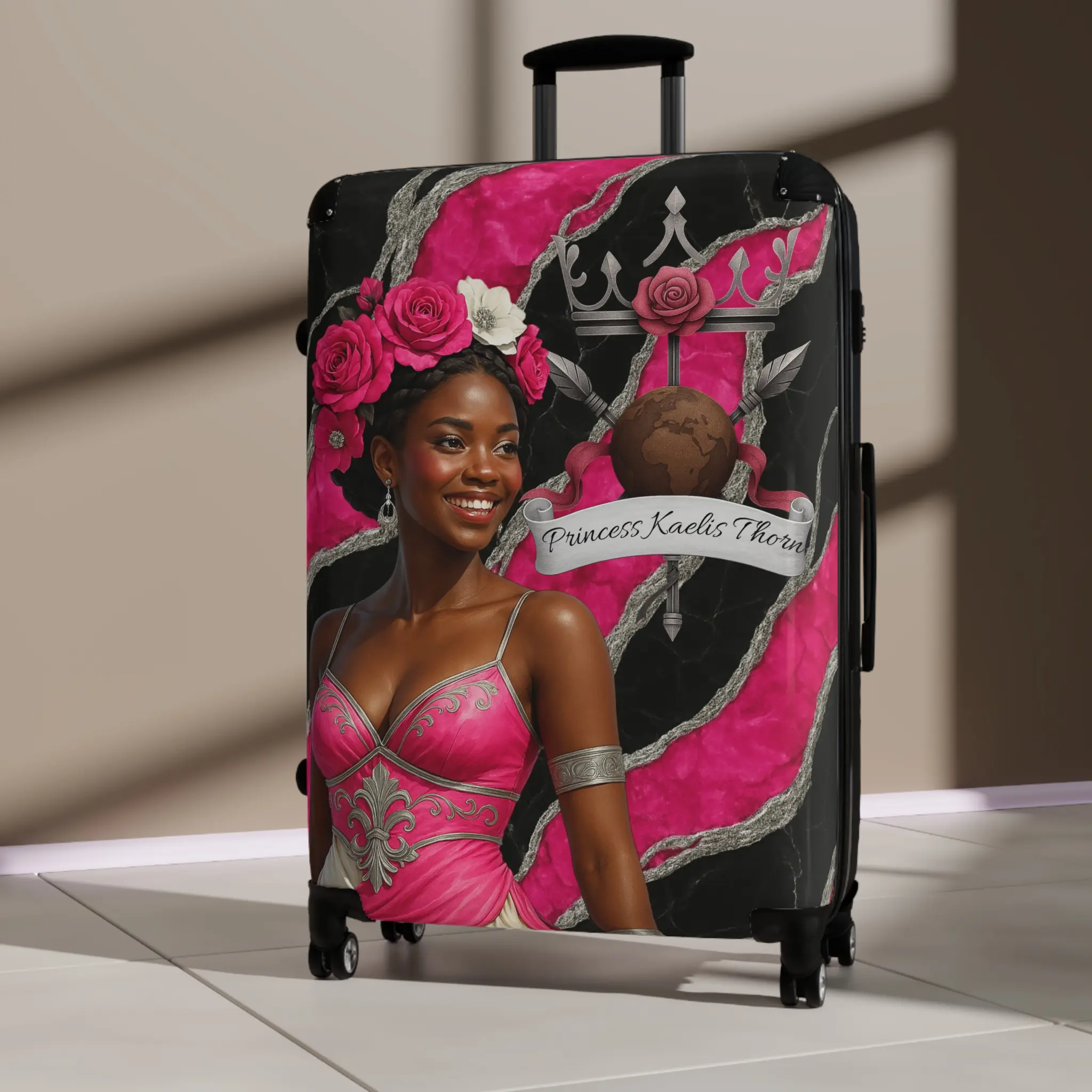 Princess Kaelis Thorn Suitcase, Blossoming Guard Fantasy Luggage, Pink Silver & Black Marble Hard-Shell Spinner Bag with Lock
