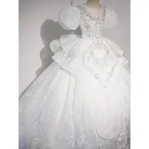 Elegant Girls' Princess Tutu Dress with Sequin Details - Puff Sleeve, Flower Girl Wedding & Piano Performance Gown, Machine Washable, Polyester, White Lace Design, Loose Fit for Youngsters, Princess Dresses for Girls