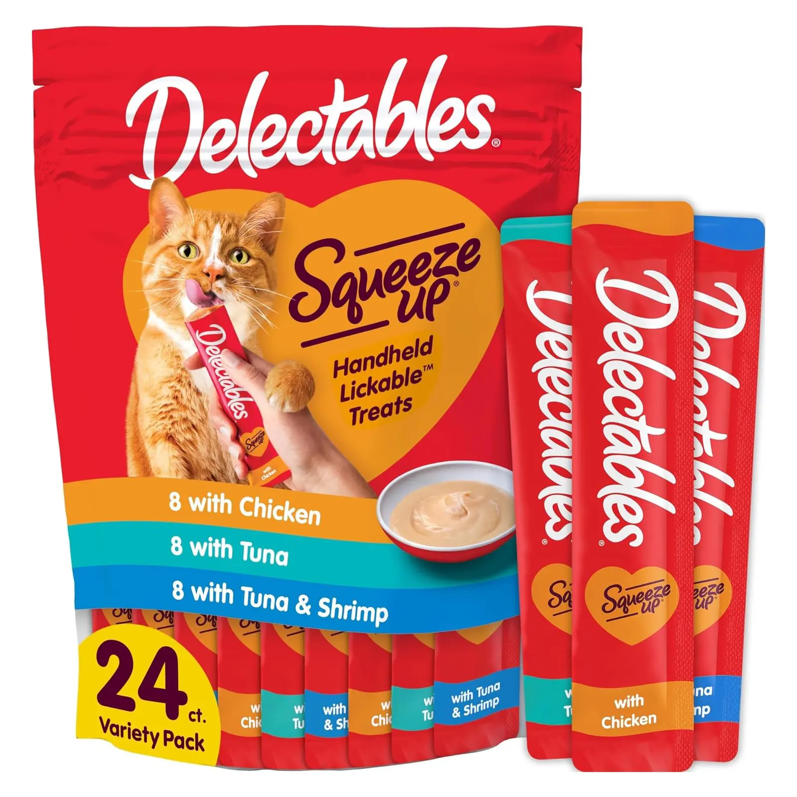 Delectables Squeeze Up Variety Pack, Creamy Squeezable Puree, Lickable Wet Cat Treats, Grain Free, No Added Fillers, No By-Products, No Added Preservatives, 0.5 Ounces Tube, 24 Tubes Total