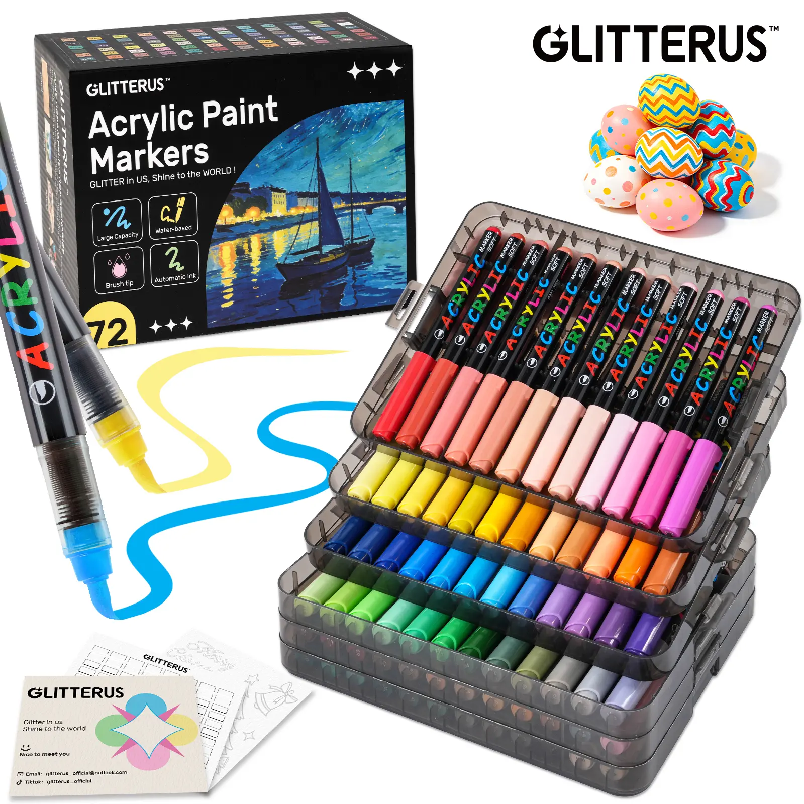 Glitterus Acrylic Markers Set (36/48/72 Colors, Stackable Box) - Automatic Ink Control, Waterproof Flexible Brush Tip, High-Opacity Lightfast Acrylic Painting Pens for Art Craft Supplies, Colorful Art Supplies, Back to School Haul, Artistic Expression