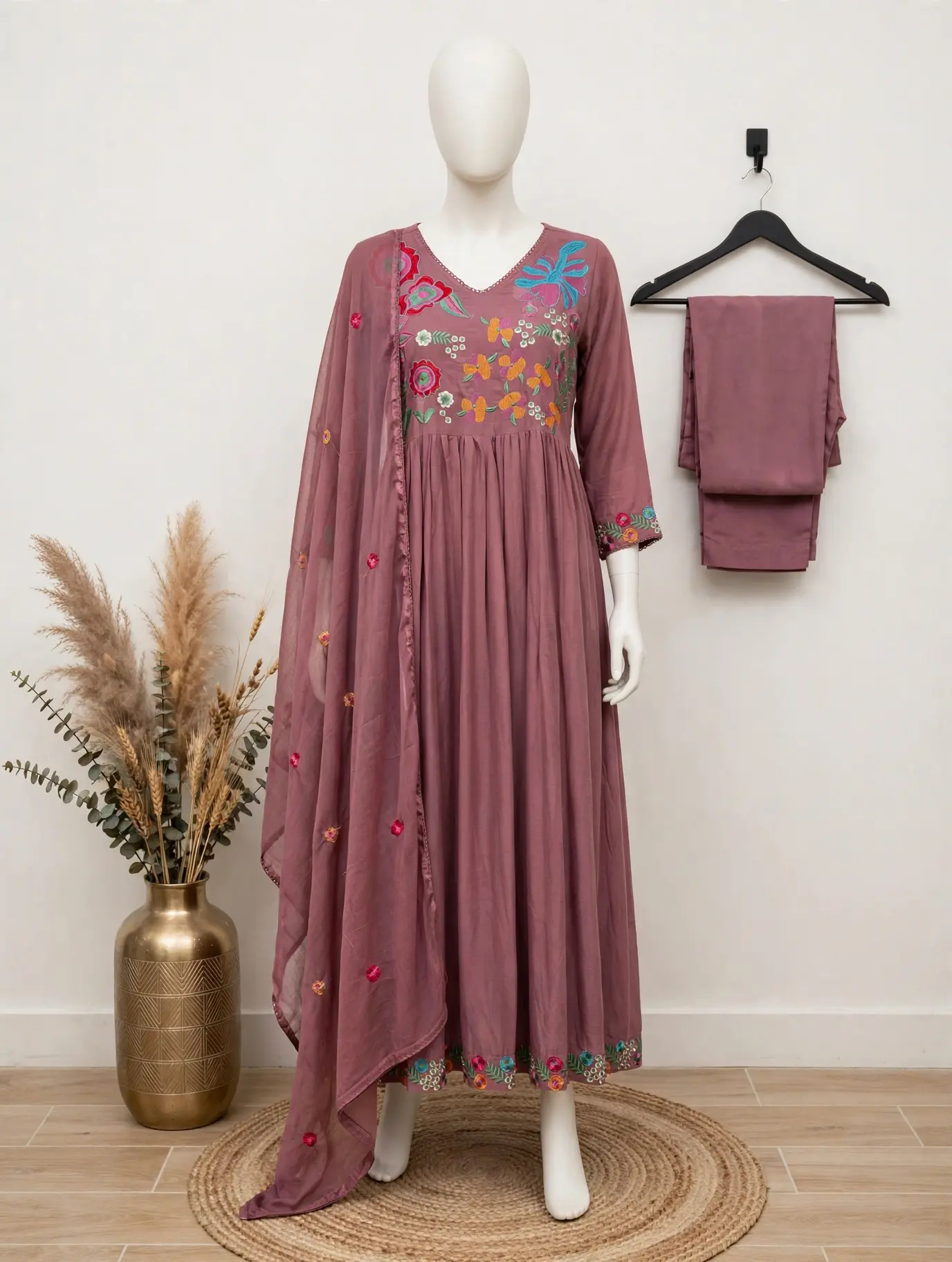 Mauve Floral Embroidered Anarkali Set with Dupatta