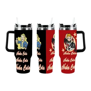 Fallout Nuka Cola 40oz Adventure Tumbler, Vault Boy & Nuka Girl Split Design, Double-Wall Vacuum Insulated Travel Cup with Lid and Reusable Straw, Gaming Themed Water Bottle for Cold & Hot Drinks