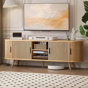 62" Fluted Wooden TV Stand - Mid-Century Modern TV Console Cabinet, 70" Screen Capacity, Sliding Doors, Adjustable Shelves, Metal Legs, Curved Edges, Storage for Living Room, Bedroom, Natural Finish