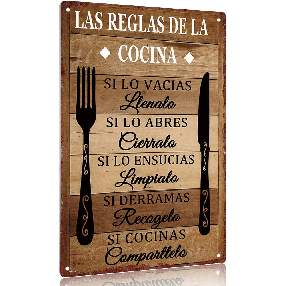 "Las Reglas De La Cocina" Print Round Spanish Kitchen Rules Metal Sign, 12x8in Vintage Aluminum Wall Art, Rustic Rectangle Design with Pre-Drilled Holes, Home & Dining Room Hanging Decor & Gift