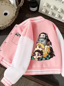 Girls' Short Baseball Jacket with Demon Slayer Character Print, Striped Trim Jacket, Cute and Design, Casual Spring & Fall Wear for 4-14 Years