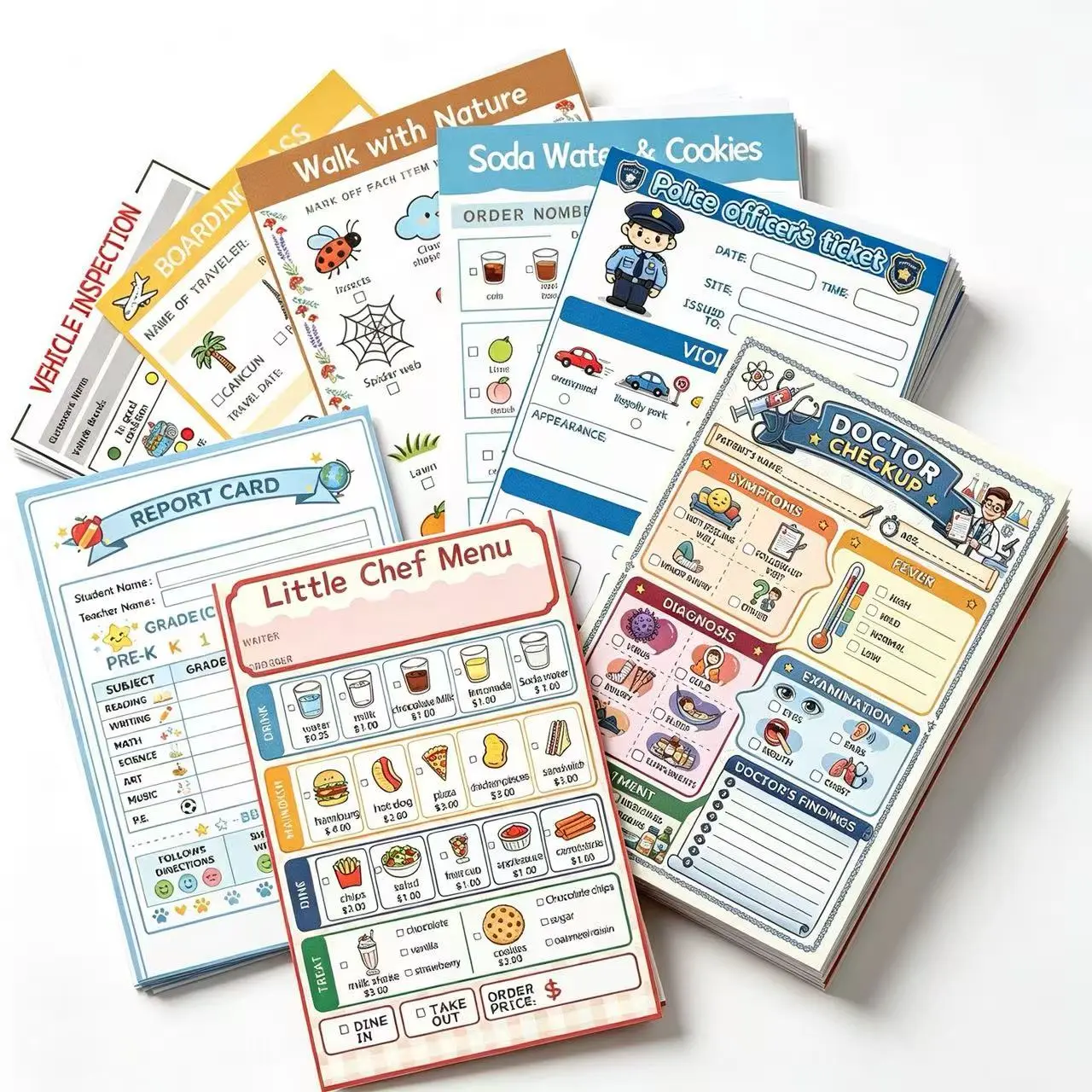 Kids' Playtime Notepads (8-Count) - Student Stationary with 40 Imaginative Roleplay & Drawing Pages, Durable Tear-Off, Cute Designs - Back to School Haul Essential for Preschoolers - Boosts Creativity & Social Skills