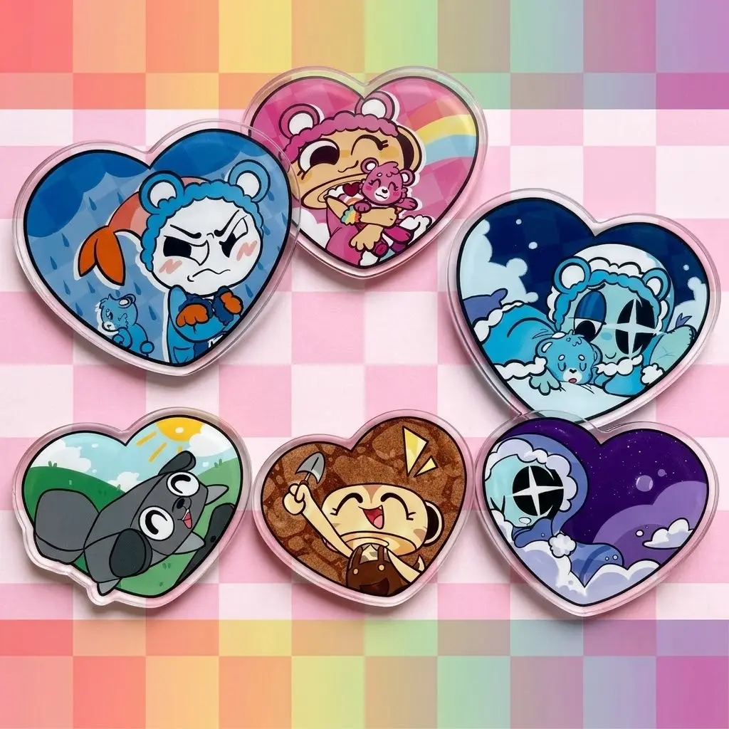 Dandy's World Heart Acrylic Keychain - Pebble Shelly Astro Shrimpo Acrylic Charms Kawaii Cute Bag Charm Pendant for Fans Gift - Cute Characters, Kawaii Bag Charm for Keys, Backpack & Gifts, Collectible Fan Accessory, Aesthetic Game Merch!