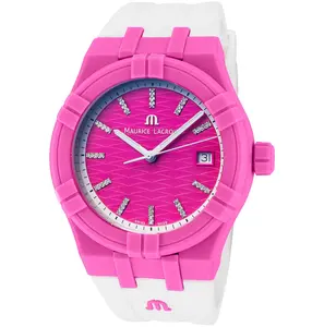 Maurice Lacroix Aikon #Tide Unisex Trendy Analog Quartz Watch, 40mm Pink Dial, White Rubber Strap, Scratch Resistant Sapphire Crystal, Casual Analog Watch, Trendy Wristwatch