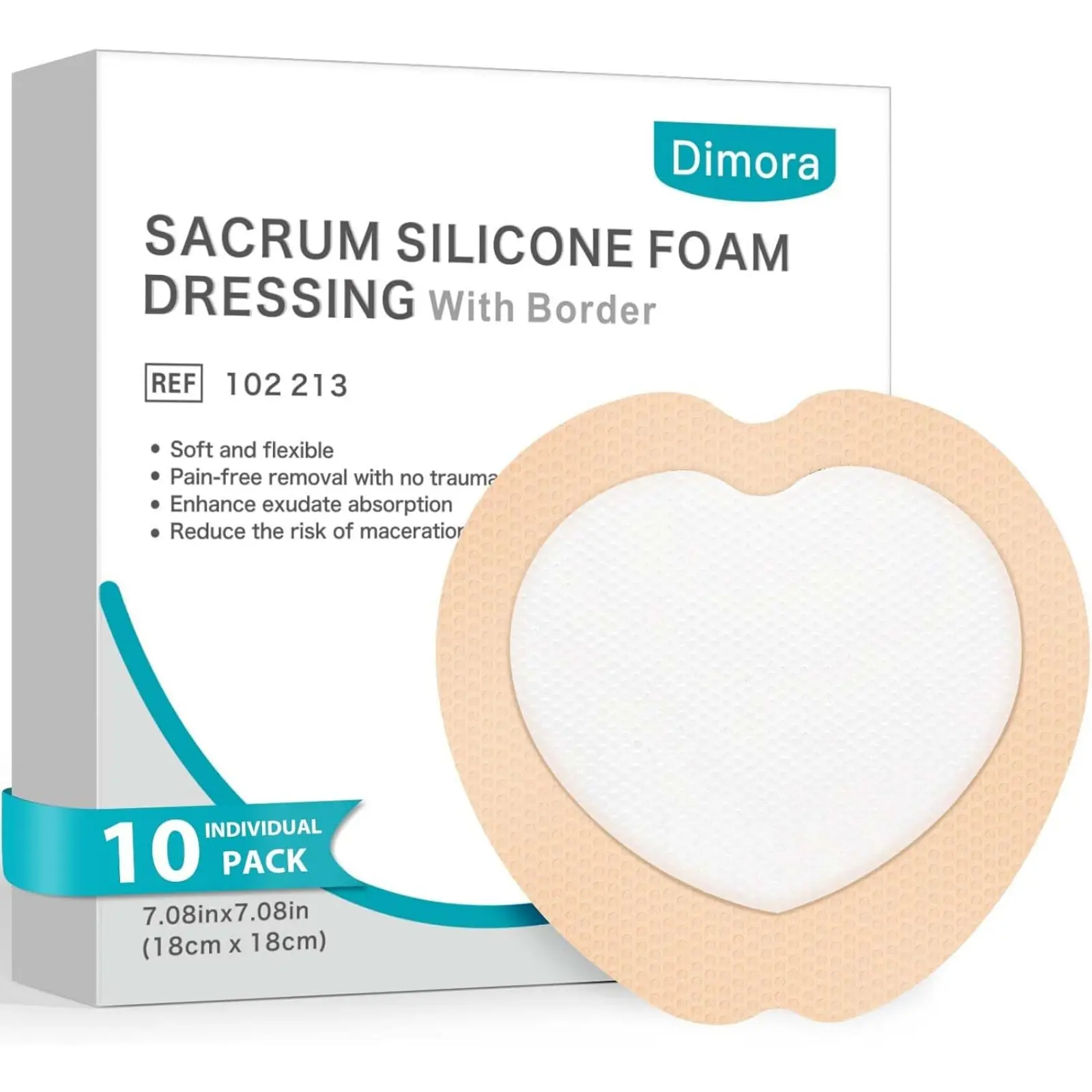 Dimora Medical-Grade Silicone Sacral Foam Dressing, Sacral Silicone Foam Dressing with Border, Waterproof Bed Sore Dressing (7.08" × 7.08"), Chronic Wound Care for Bedridden Patients, Pain-Free Dressing Changes for Pressure Ulcers