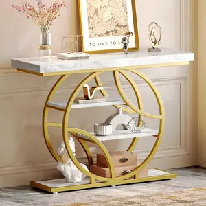 41.3 Inch Entryway Table with Marble Top, Modern Console Sofa Table, Accent Table with Shelves, for Entry, Hallway, Entrance, Foyer, O-Shaped Metal Frame, White Marble &