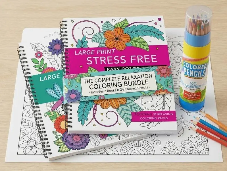 Large Print Stress-Free Coloring Book Bundle  Mandalas, Flowers & Nature + 24 Colored Pencils