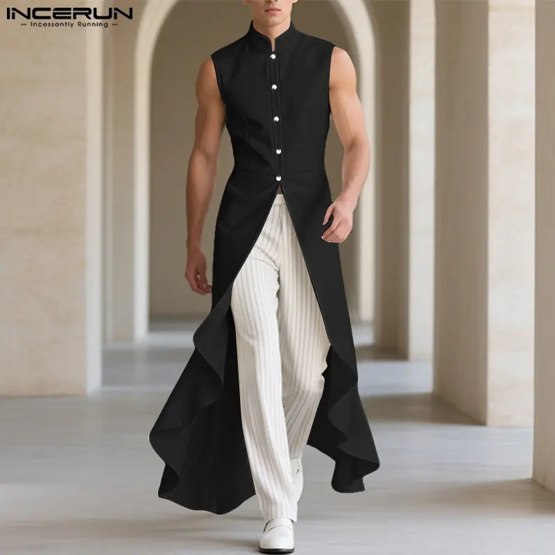 INCERUN Menswear Men's Vintage Long Tunic Vest - Basic Plain Sleeveless Avant-Garde Top with Lengthened Ruffle Hem, Breathable Fabric for Stage & Party Wear, Soft, Romance, Mock Neck, Basics, Vintage Retro, Polyester, Lengthy, Button, Evening, Unique Iden