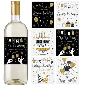Adult Birthday Party Decoration – Waterproof Wine Bottle Labels, Black and Gold (Set of 6)