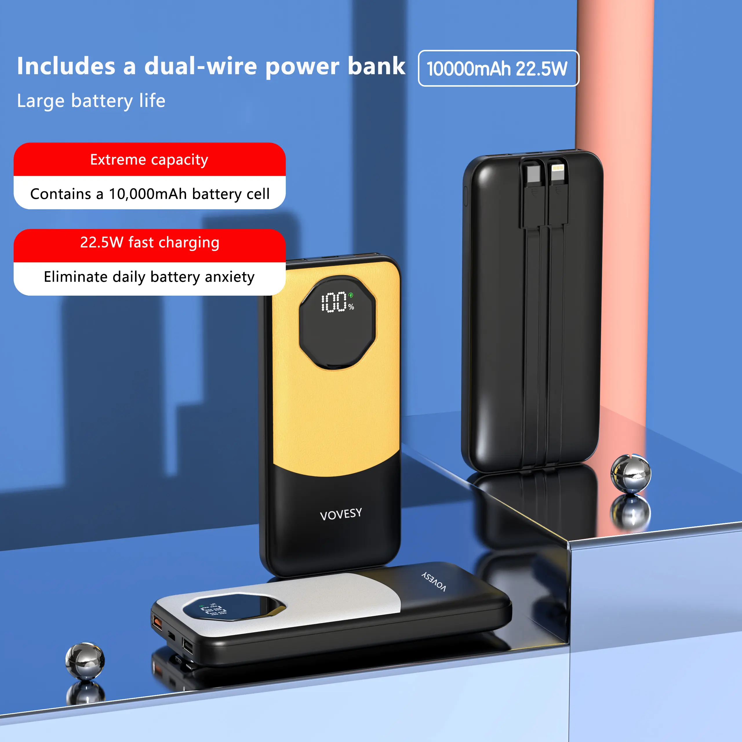 10000mAh Portable Power Bank - 22.5W Fast Chargeable Power Packs Portable Chargers, Mobile Phone Accessories with 2 Cables (Lightning & USB-C), 3 Ports for Electronic Devices, Micro USB Compatible, Portable Powerbank