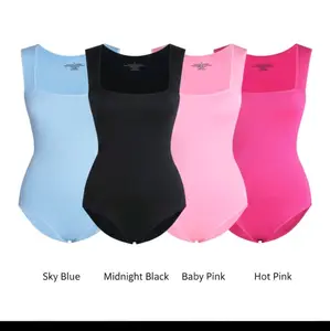 Women's Seamless Ribbed Square Neck Bodysuit - Sleeveless, Short-Length, Slim-Fit, 1-Piece Basic Sculpting Top, Smooth Comfortable Fabric, Casual Minimalist, All-Seasons Wear (Sky Blue, Midnight Black, Baby Pink, Hot Pink)