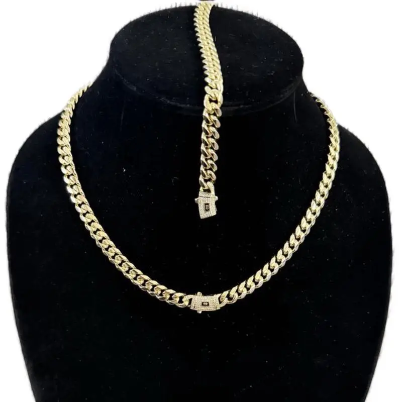 Set 2Pcs 14K Gold Vacuum Plated with 5A+ Sri Lanka Zircon Stainless Steel Chain & Copper Coffee bean bag Clasp Miami Cuban Link Chain Italy Mexico & Micro Inspired Unisex Hip Hop 6mm Necklace&Bracelet for Men & Women Jewelry,Daily,Fashion,G