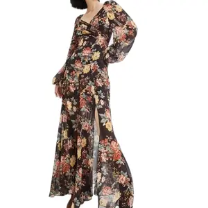 Veronica Beard Avani Silk Floral Maxi Dress in Oxblood Brown for Women - Long Sleeve, High Slit - Womenswear, Casual