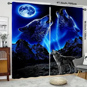 2 Piece Set Night Wolf Howling Print Semi-Transparent Curtains, Polyester Rod Pocket Curtains for Living Room Bedroom Home Decor, Home Decoration Curtain